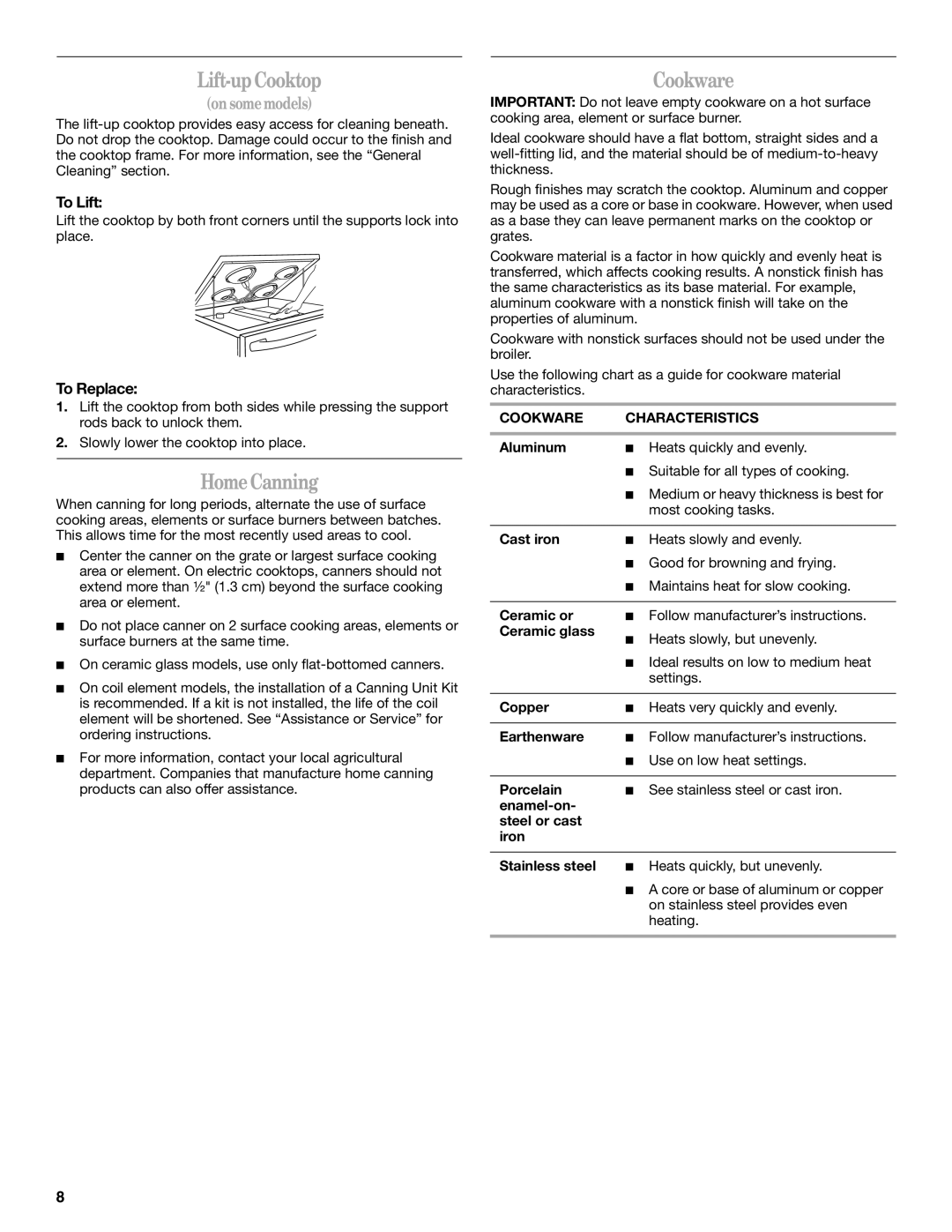 Whirlpool 9762358A manual Lift-up Cooktop, Home Canning, To Lift, Cookware Characteristics 