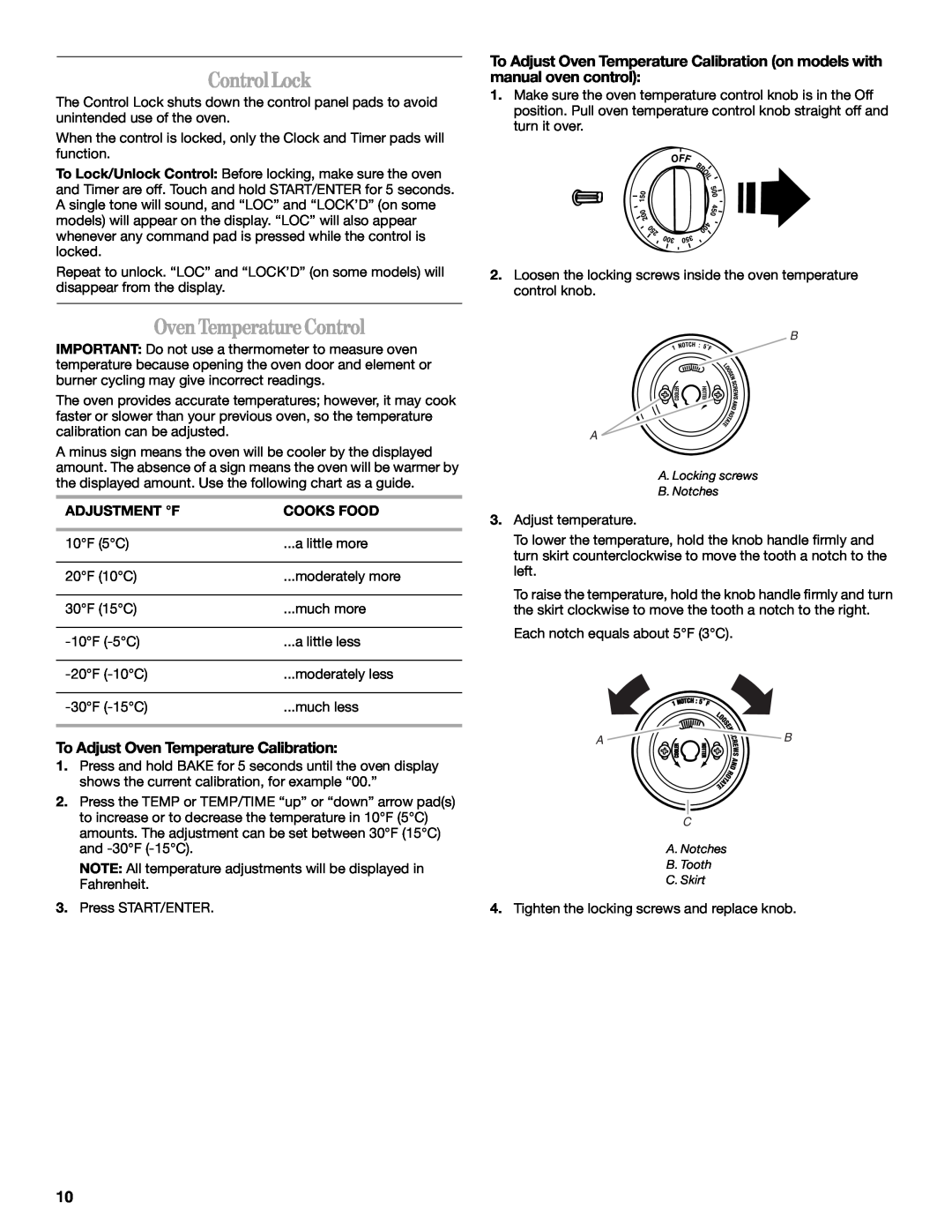 Whirlpool 9762358A manual Control Lock, Oven Temperature Control, To Adjust Oven Temperature Calibration 