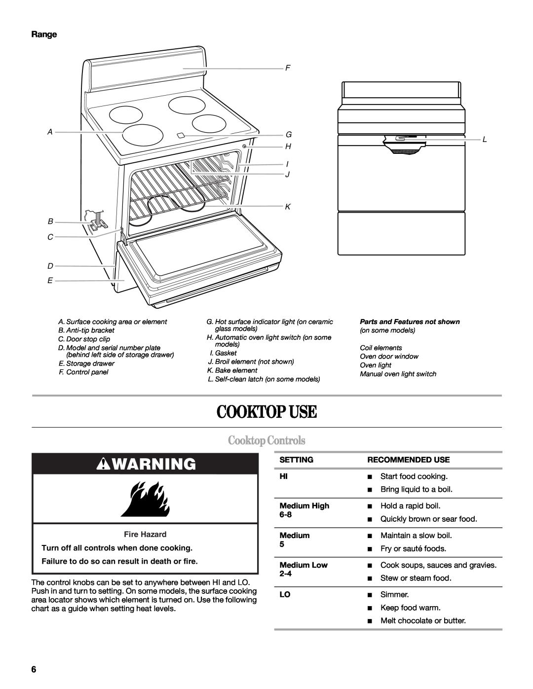 Whirlpool 9762358A manual Cooktop Use, Cooktop Controls, Range, F Ag H I J K B C D E 