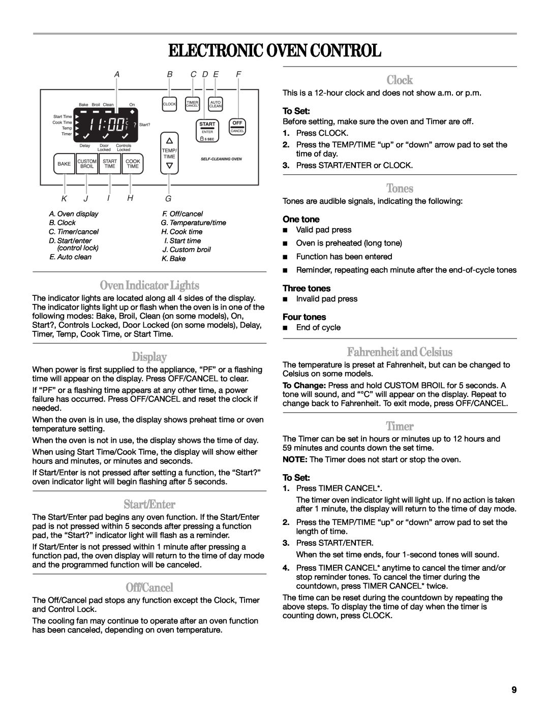 Whirlpool 9762358A Electronic Oven Control, Clock, Oven Indicator Lights, Display, Start/Enter, Off/Cancel, Tones, Timer 