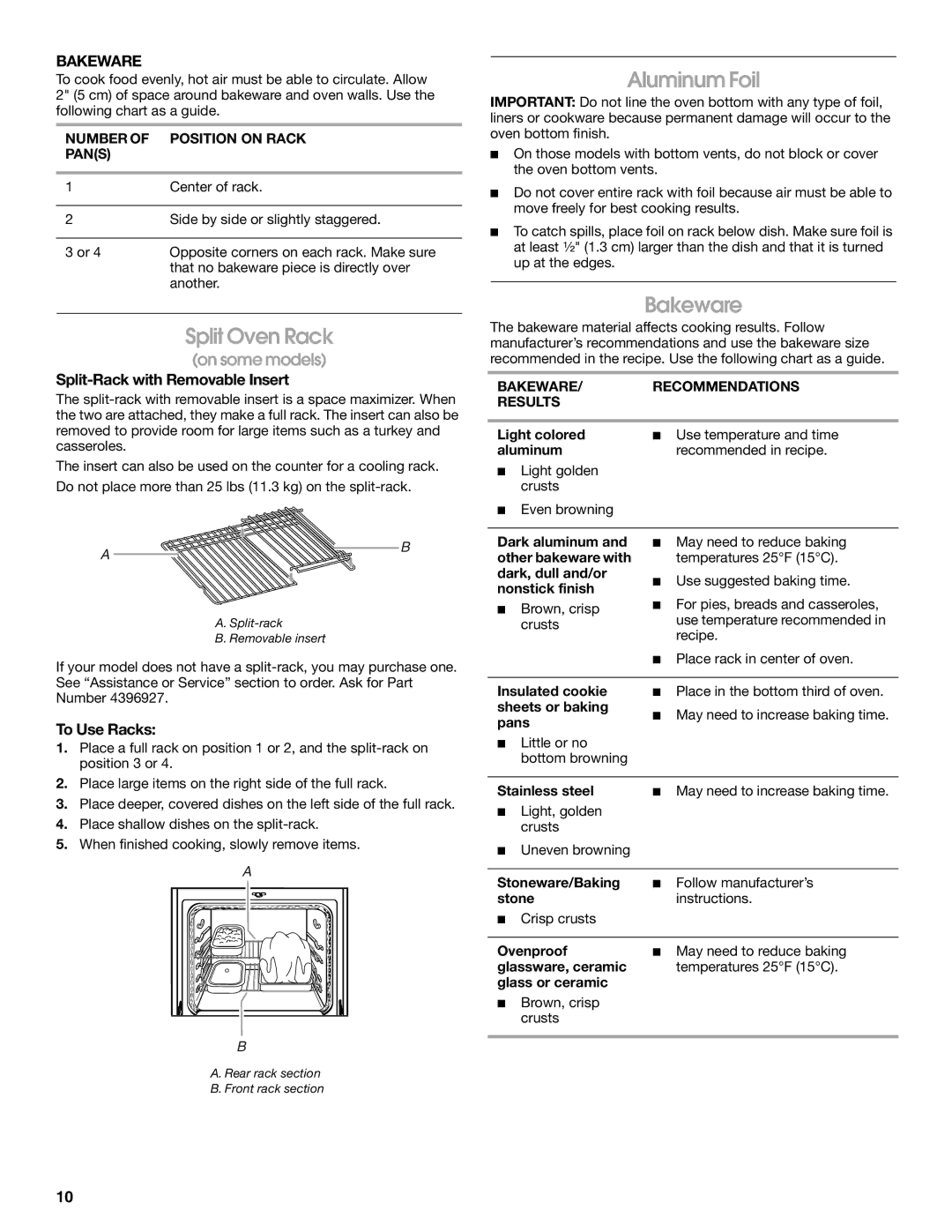 Whirlpool 9762362A manual Split Oven Rack, Aluminum Foil, Bakeware 