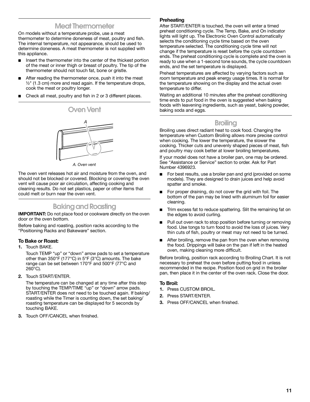 Whirlpool 9762362A manual Meat Thermometer, Oven Vent, Baking and Roasting, Broiling 