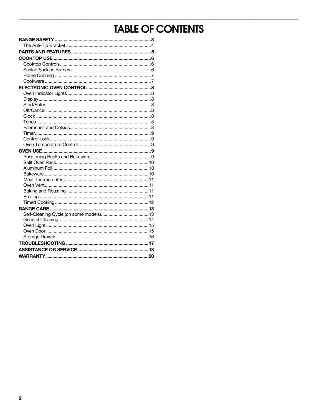 Whirlpool 9762362A manual Table of Contents 