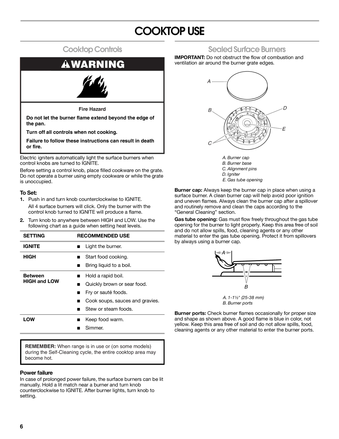 Whirlpool 9762362A manual Cooktop USE, Cooktop Controls, Sealed Surface Burners, To Set, Power failure 