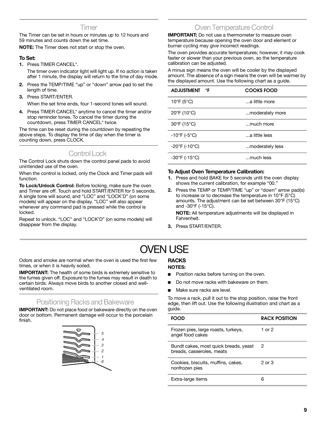 Whirlpool 9762362A manual Oven USE, Timer, Control Lock, Oven Temperature Control, Positioning Racks and Bakeware 