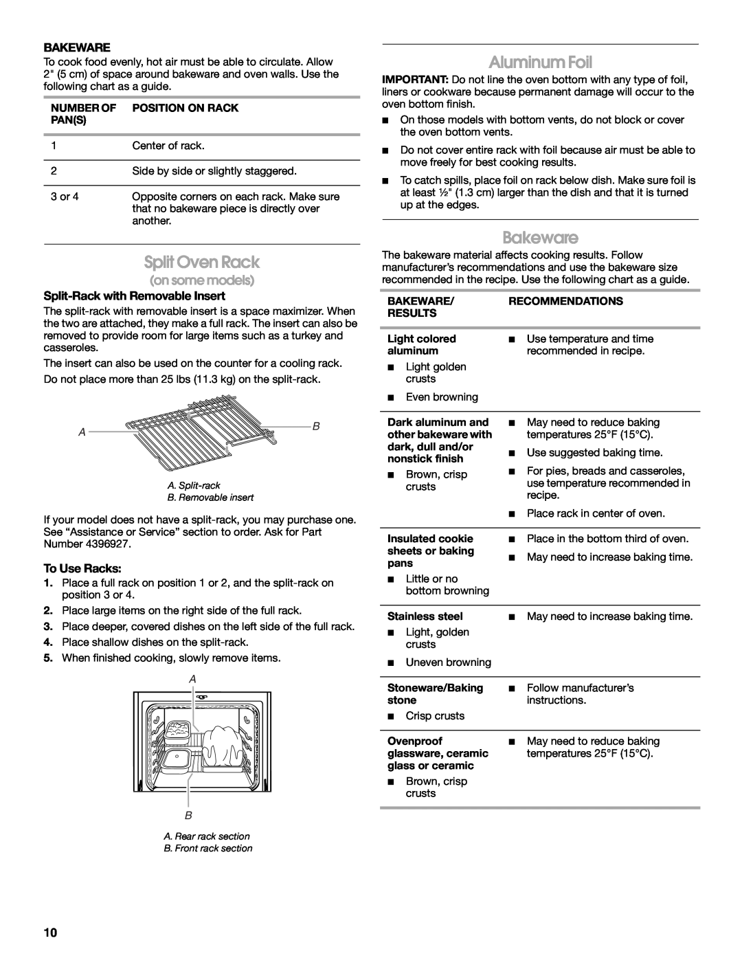 Whirlpool 9762362A manual Split Oven Rack, Aluminum Foil, Bakeware, on some models, Split-Rack with Removable Insert, A B 