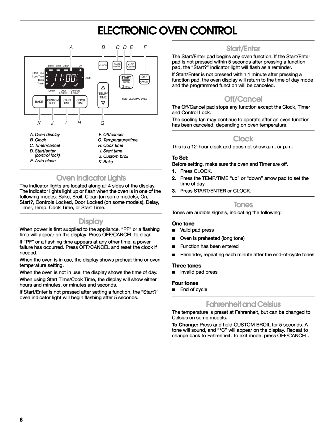 Whirlpool 9762362A Electronic Oven Control, Oven Indicator Lights, Display, Start/Enter, Off/Cancel, Clock, Tones, To Set 