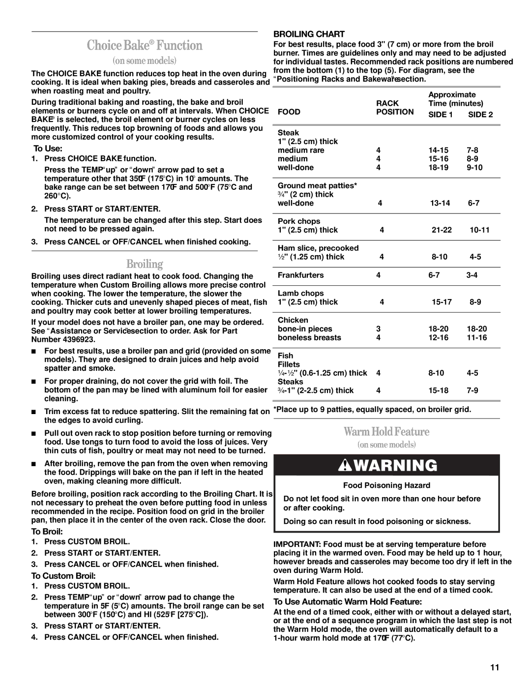 Whirlpool 9762363A manual Warm Hold Feature, Broiling Chart 