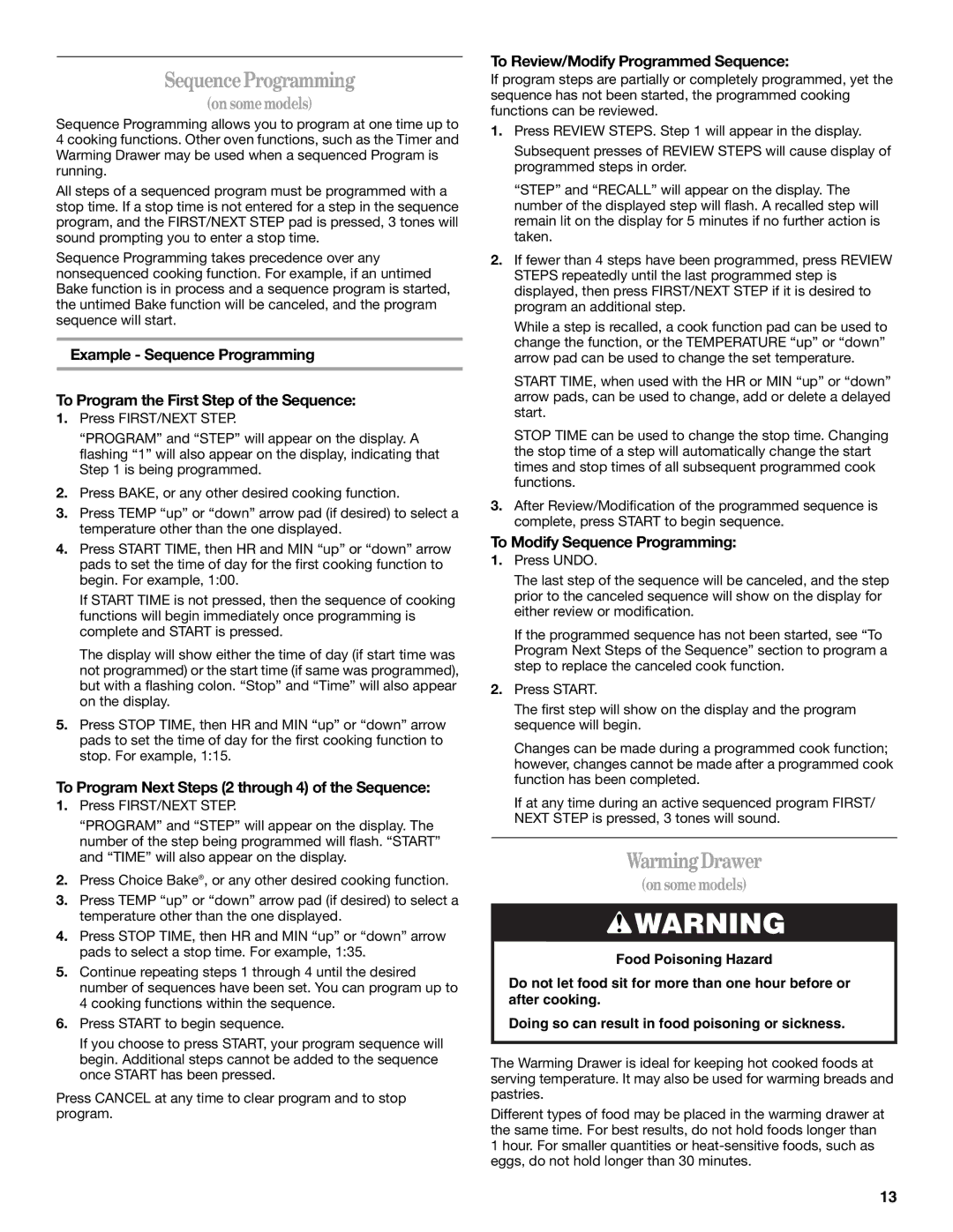 Whirlpool 9762363A manual Sequence Programming, Warming Drawer, To Program Next Steps 2 through 4 of the Sequence 