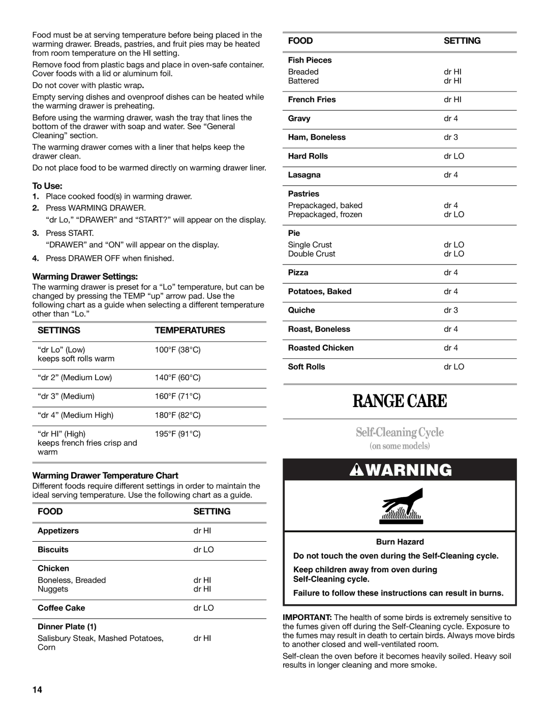 Whirlpool 9762363A manual Range Care, Self-Cleaning Cycle, Settings Temperatures, Food Setting 