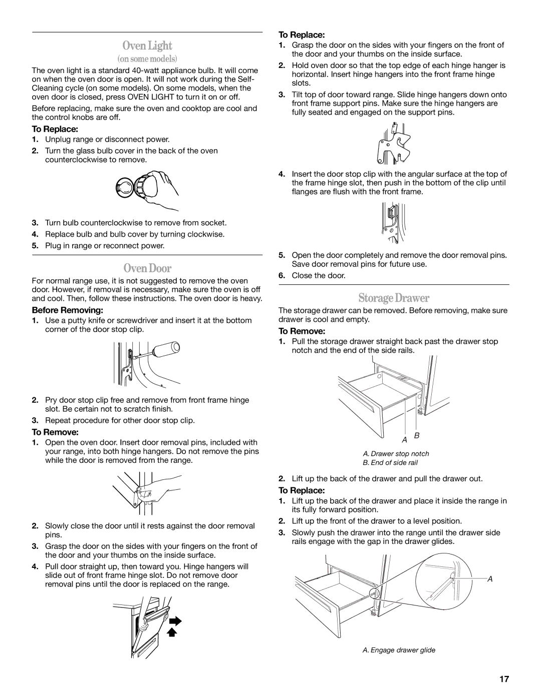 Whirlpool 9762363A manual Oven Light, Oven Door, Storage Drawer 