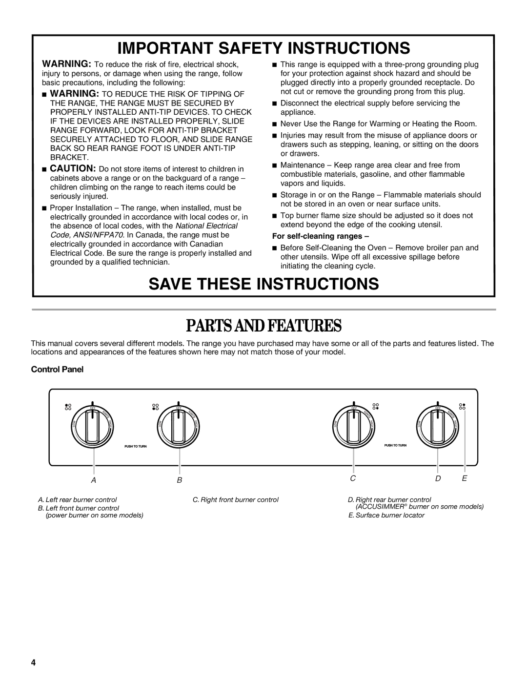 Whirlpool 9762363A manual Parts and Features, Control Panel 