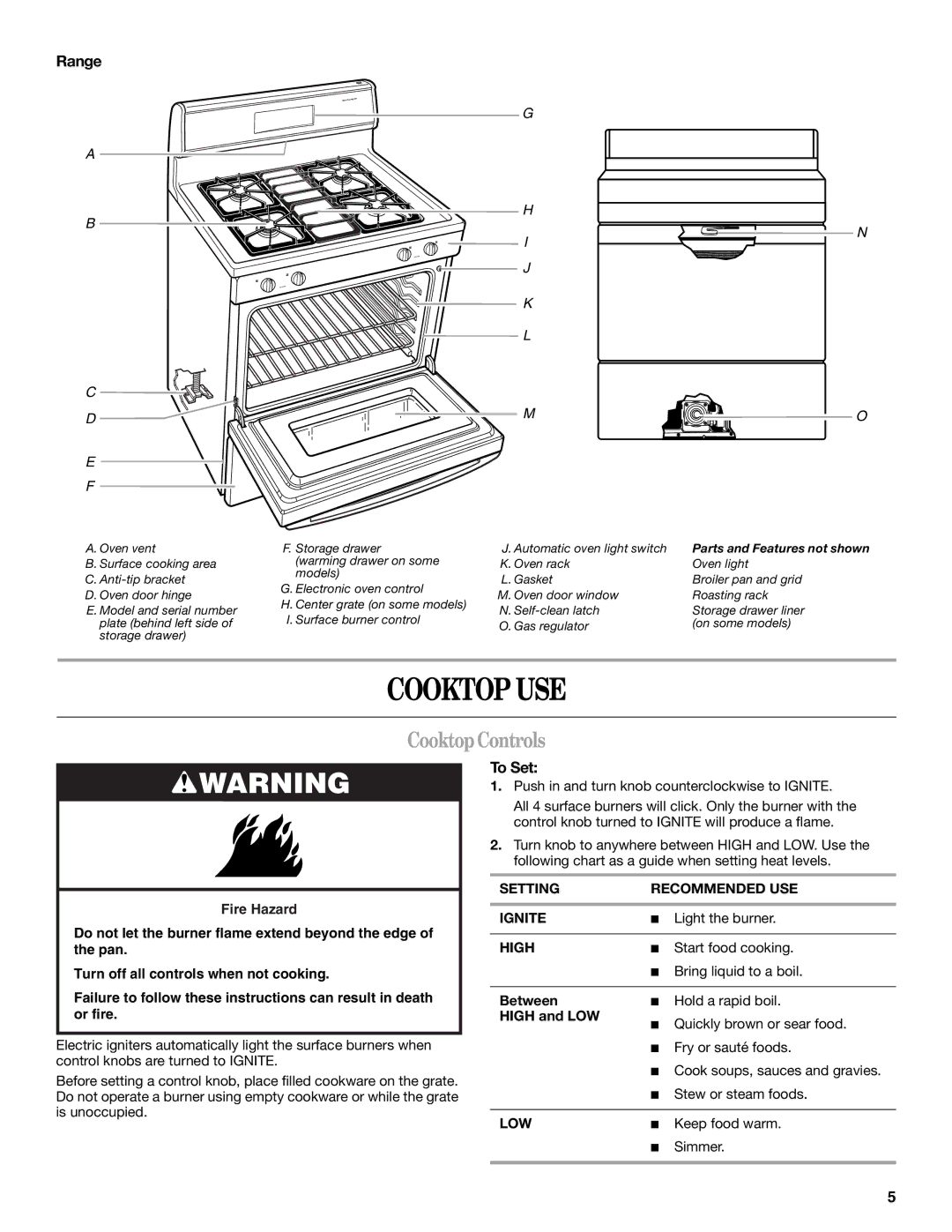 Whirlpool 9762363A manual Cooktop USE, Cooktop Controls, Range, To Set 