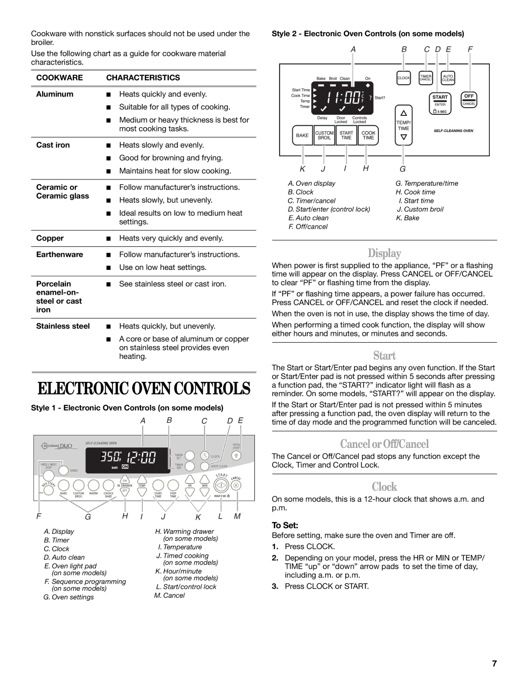 Whirlpool 9762363A manual Display, Start, Cancel or Off/Cancel, Clock, Cookware Characteristics 