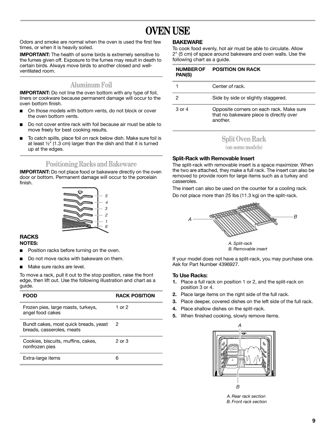 Whirlpool 9762363A manual Oven USE, Aluminum Foil, Positioning Racks and Bakeware, Split Oven Rack 