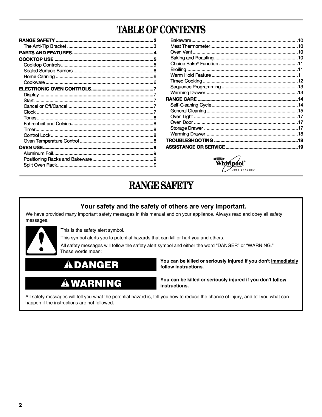 Whirlpool 9762363A manual Table Of Contents, Range Safety, Danger 