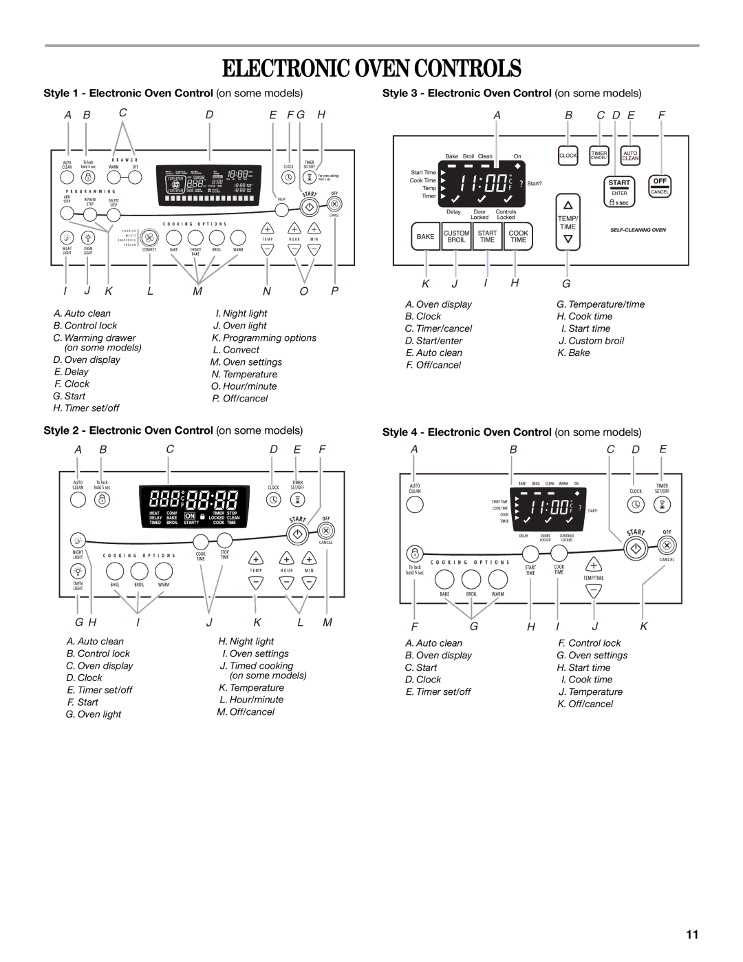 Whirlpool 9762365 manual Electronic Oven Controls, Style 2 Electronic Oven Control on some models 