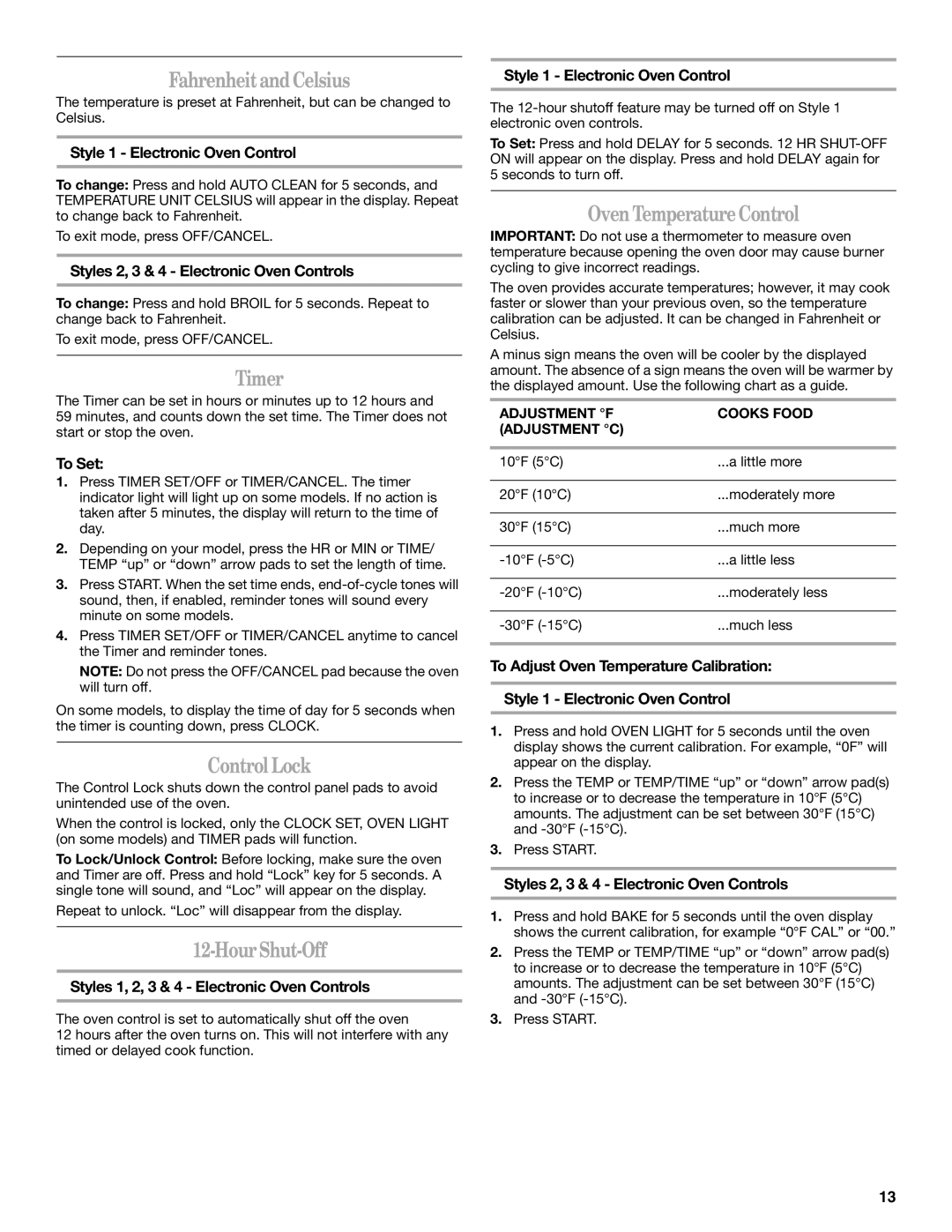 Whirlpool 9762365 manual Fahrenheit and Celsius, Timer, Control Lock, Hour Shut-Off, Oven Temperature Control 