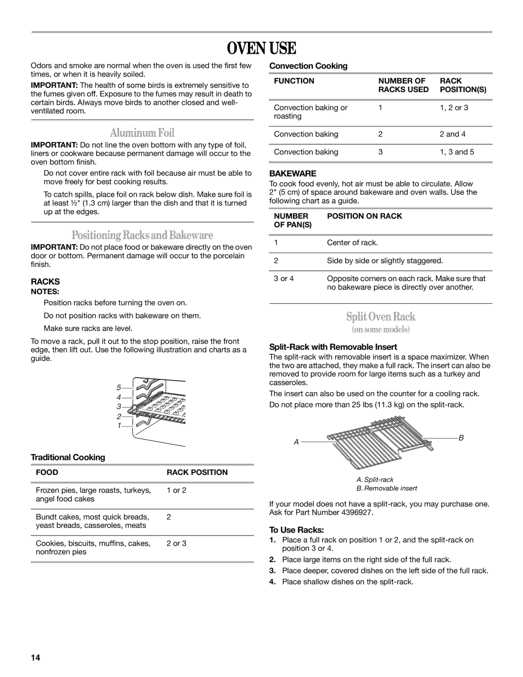 Whirlpool 9762365 manual Oven USE, Aluminum Foil, Positioning Racks and Bakeware, Split Oven Rack 