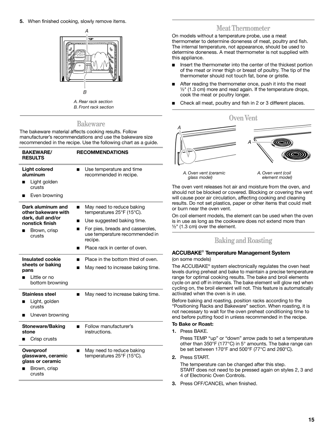 Whirlpool 9762365 manual Bakeware, Meat Thermometer, Oven Vent, Baking and Roasting, Accubake Temperature Management System 