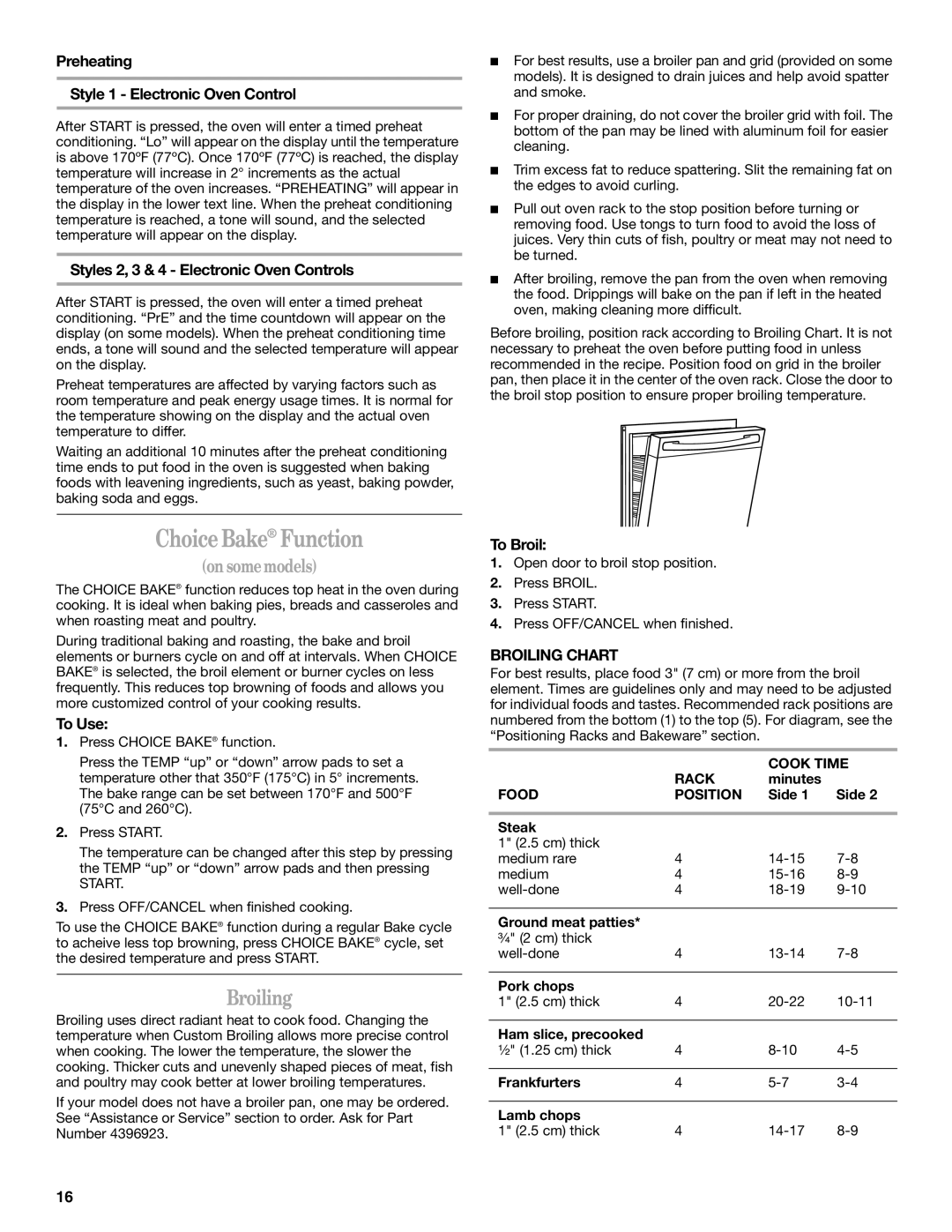 Whirlpool 9762365 manual Broiling, Preheating Style 1 Electronic Oven Control, To Broil, Cook Time, Food Position 