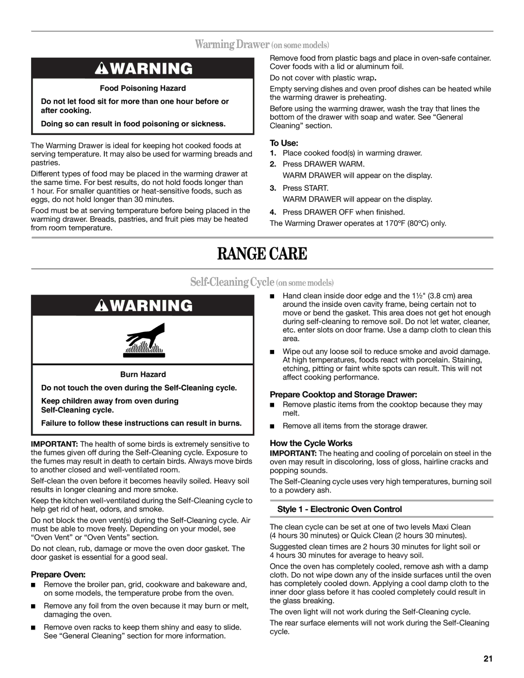 Whirlpool 9762365 manual Range Care, Self-Cleaning Cycle on some models, Prepare Oven, Prepare Cooktop and Storage Drawer 