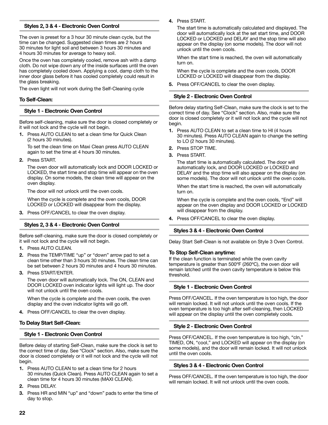 Whirlpool 9762365 manual Styles 2, 3 & 4 Electronic Oven Control, To Self-Clean Style 1 Electronic Oven Control 