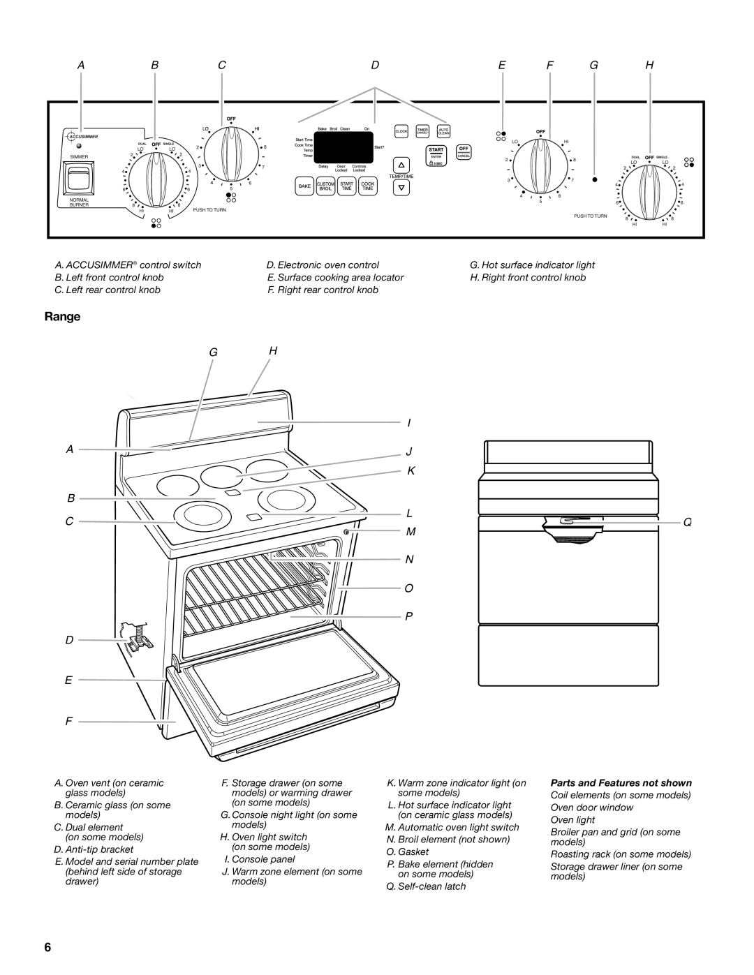 Whirlpool 9762365 manual Range, Abcde F G H 