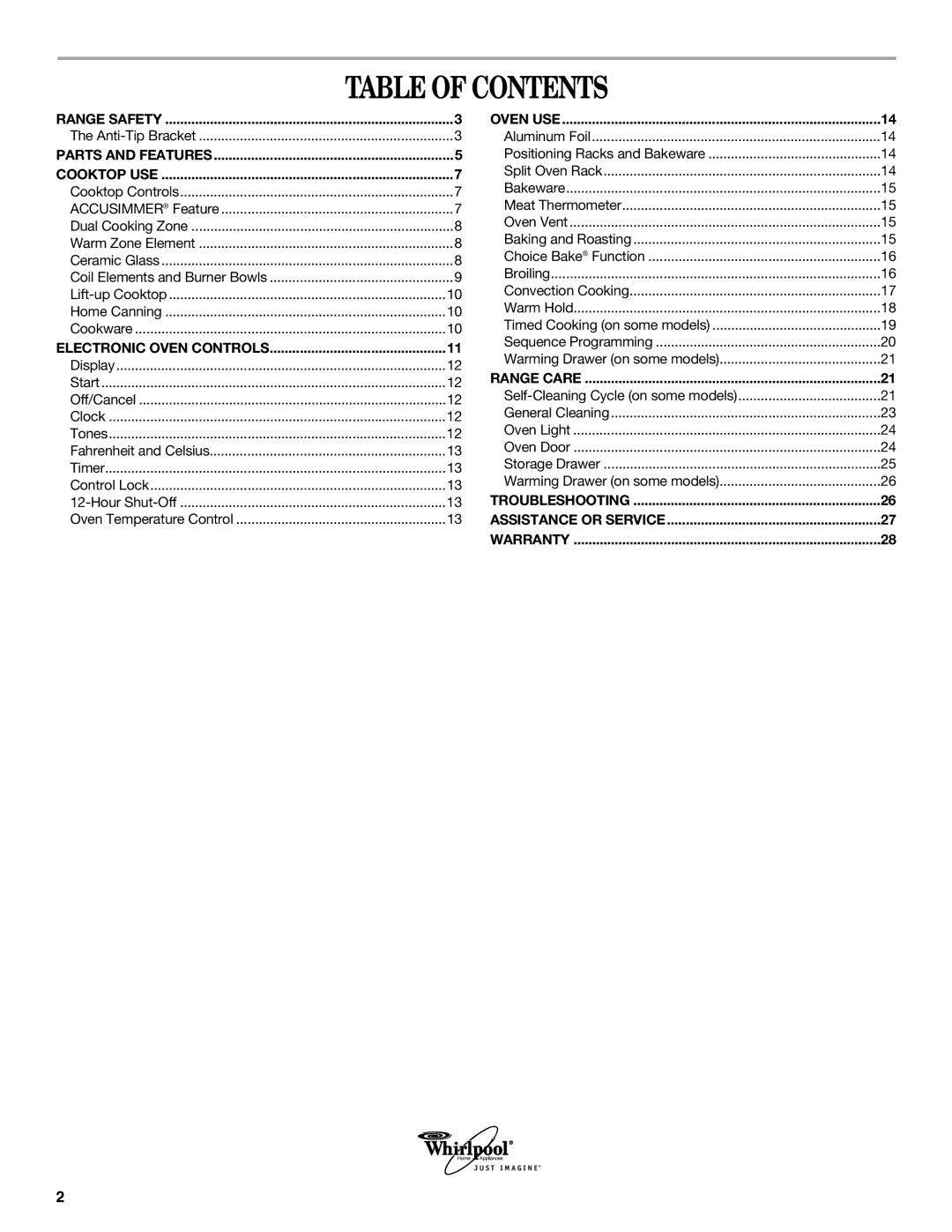 Whirlpool 9762365A manual Table of Contents 