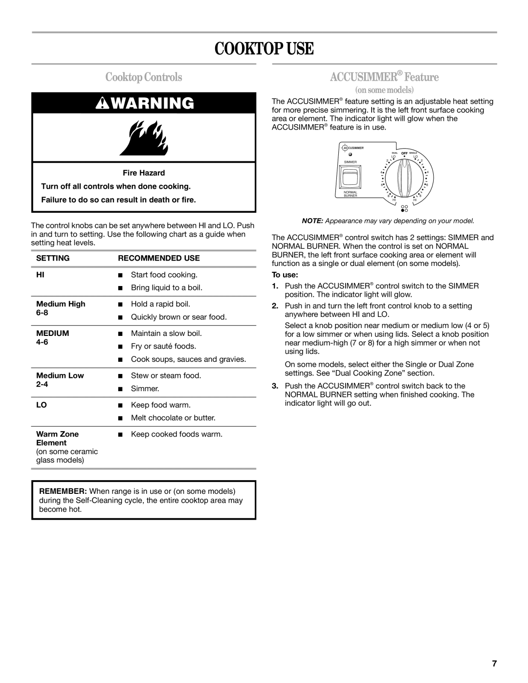 Whirlpool 9762365A manual Cooktop USE, Cooktop Controls, Accusimmer Feature, Setting Recommended USE, Medium 