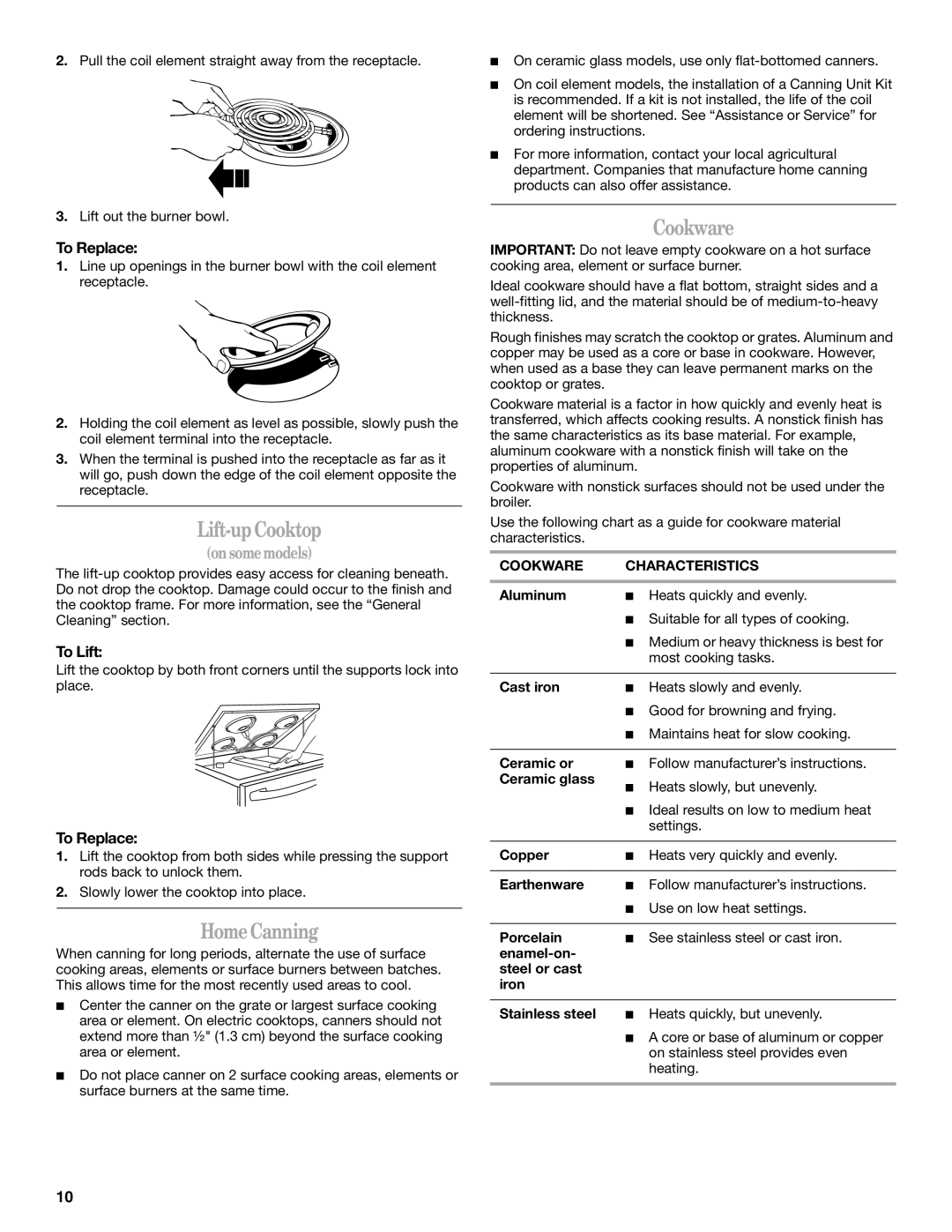 Whirlpool 9763001 manual Lift-upCooktop, HomeCanning, Cookware, To Replace, To Lift 