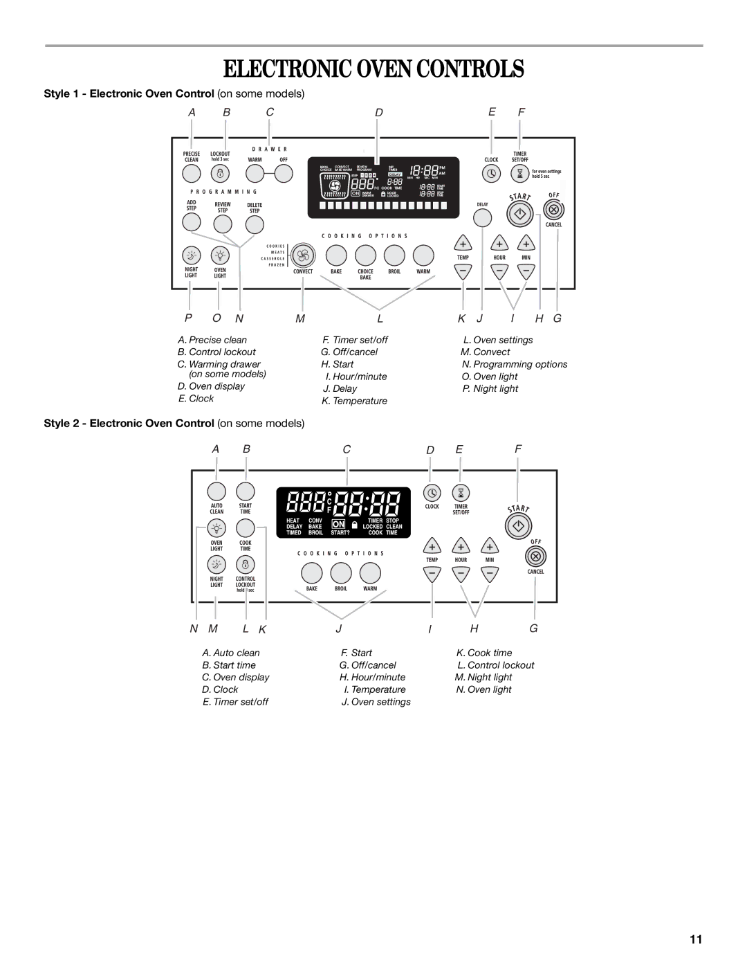 Whirlpool 9763001 manual Electronic Oven Controls, Style 1 Electronic Oven Control on some models 