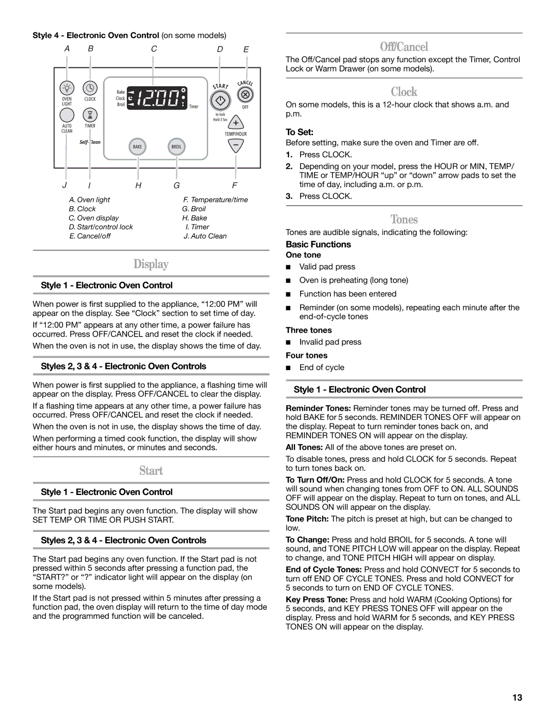 Whirlpool 9763001 manual Display, Start, Off/Cancel, Clock, Tones 