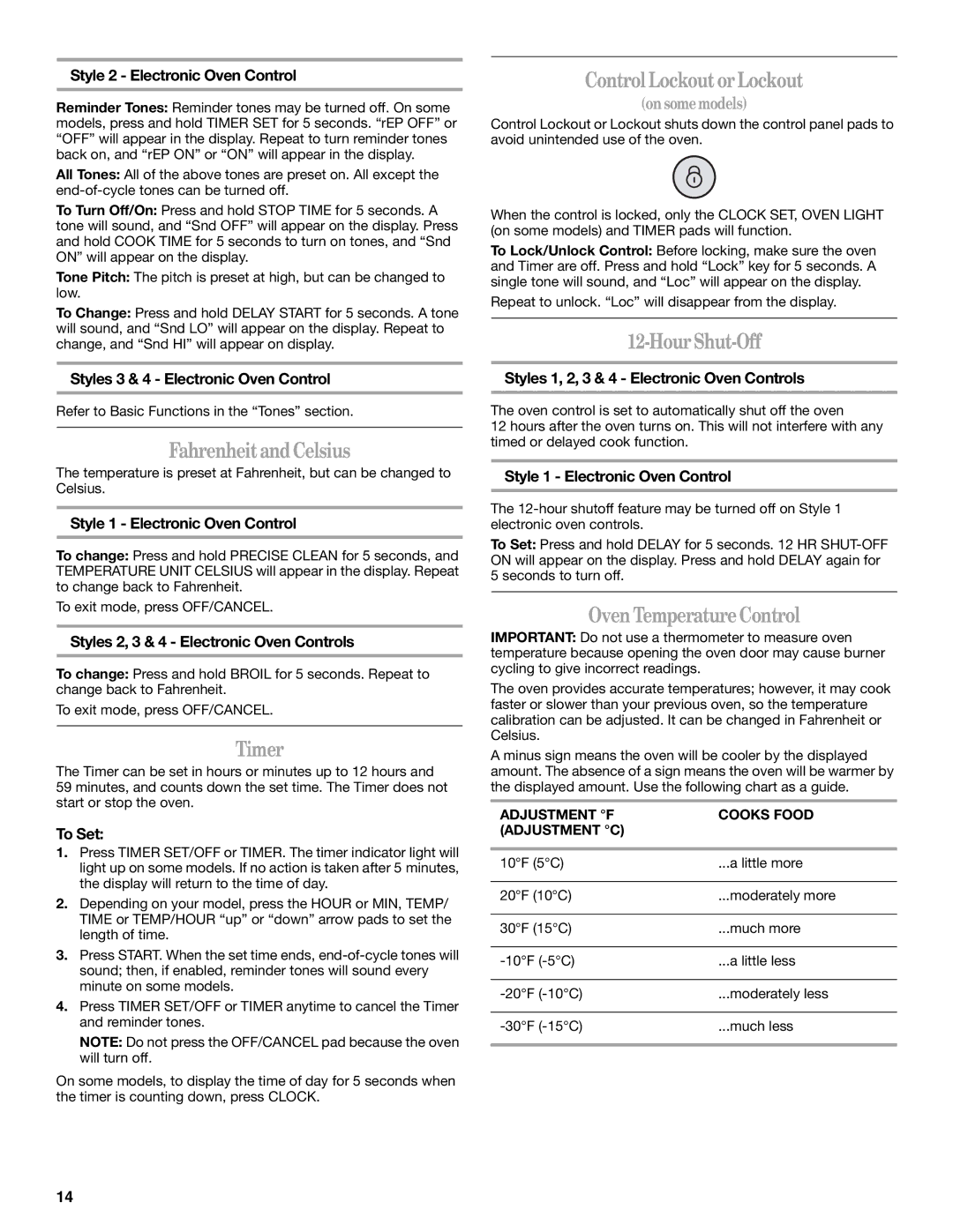 Whirlpool 9763001 manual FahrenheitandCelsius, Timer, ControlLockoutorLockout, HourShut-Off, Oven TemperatureControl 