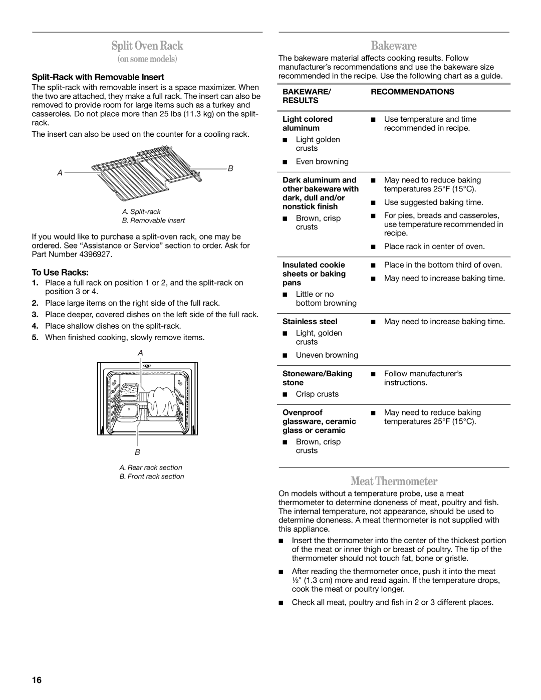 Whirlpool 9763001 manual SplitOven Rack, Bakeware, MeatThermometer, Split-Rack with Removable Insert, To Use Racks 