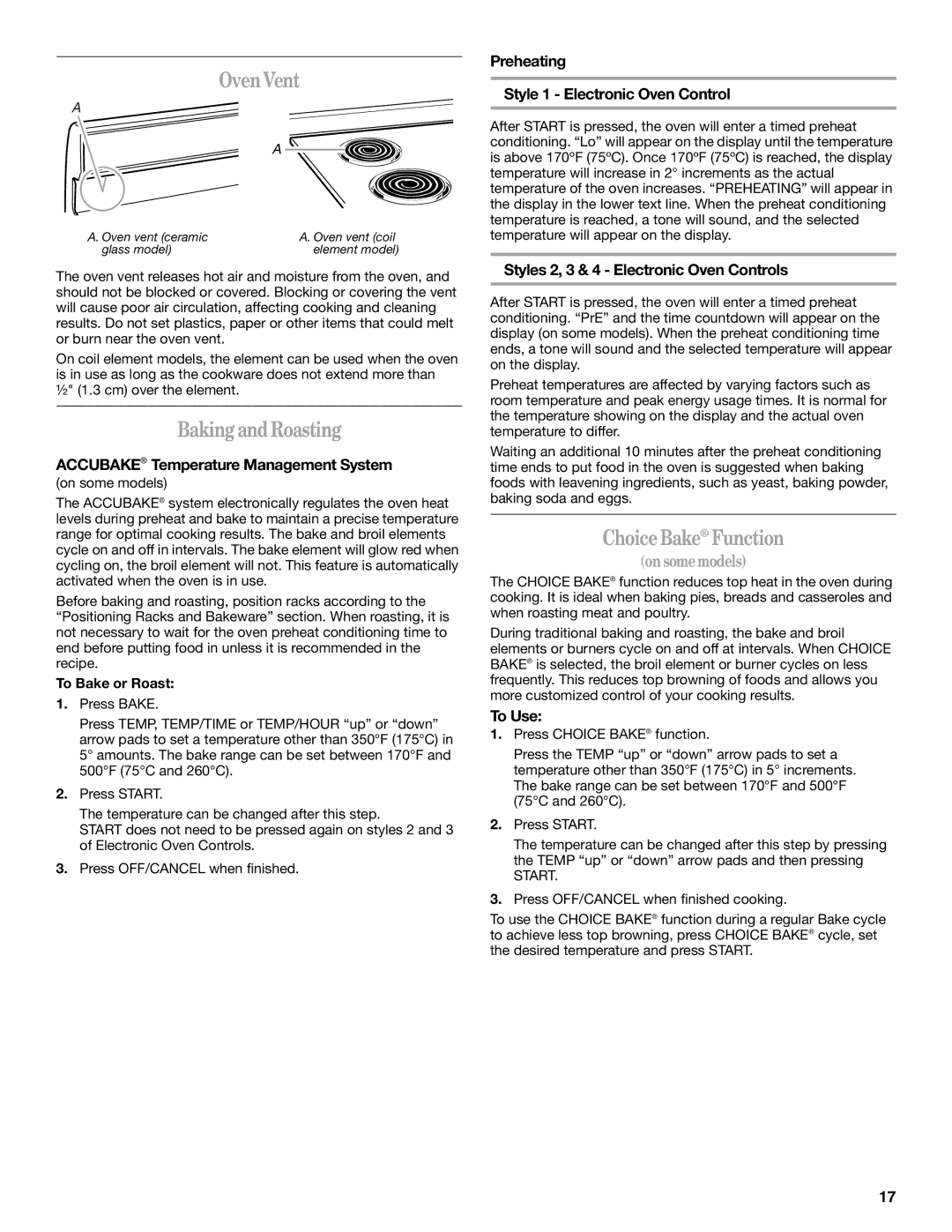 Whirlpool 9763001 manual OvenVent, BakingandRoasting, ChoiceBake Function, Accubake Temperature Management System 