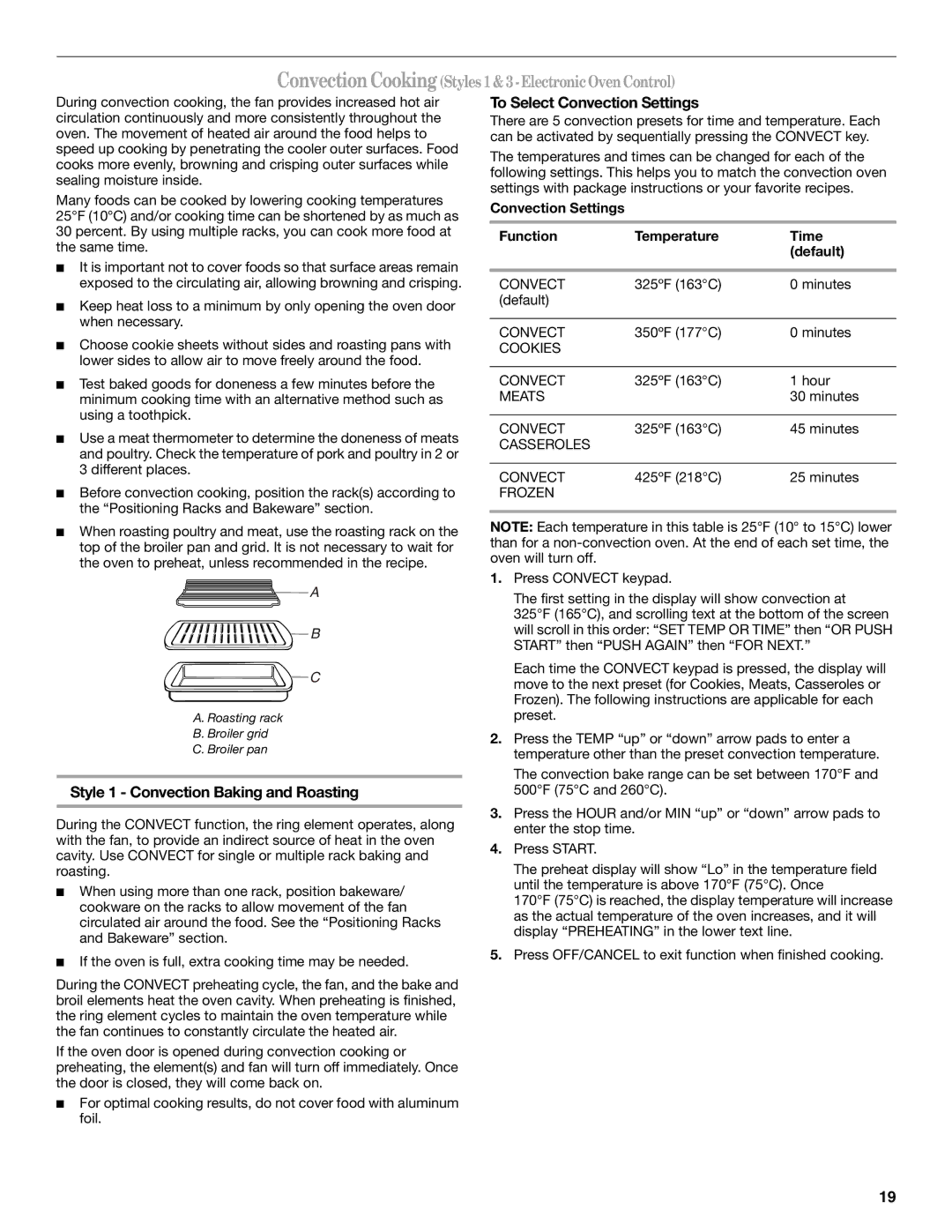 Whirlpool 9763001 manual To Select Convection Settings, Style 1 Convection Baking and Roasting 