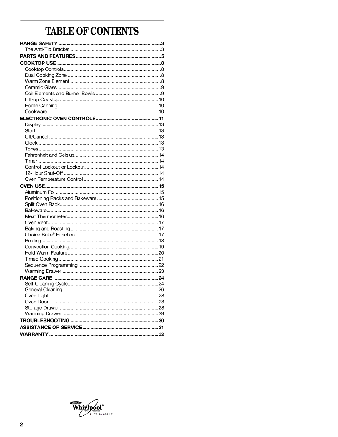 Whirlpool 9763001 manual Table of Contents 