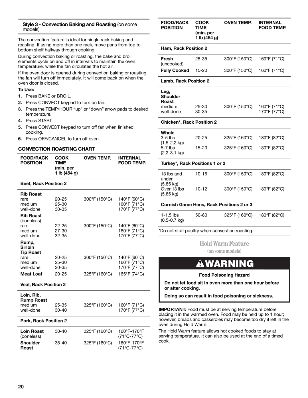 Whirlpool 9763001 manual HoldWarmFeature, Style 3 Convection Baking and Roasting on some, Convection Roasting Chart 