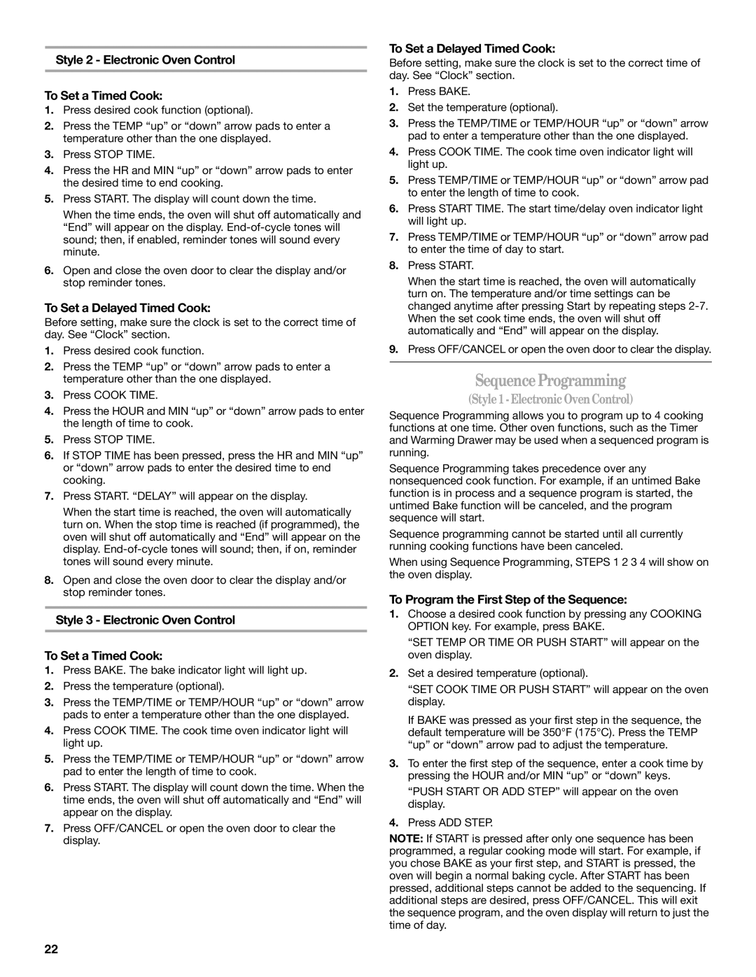 Whirlpool 9763001 manual SequenceProgramming, Style 2 Electronic Oven Control To Set a Timed Cook 