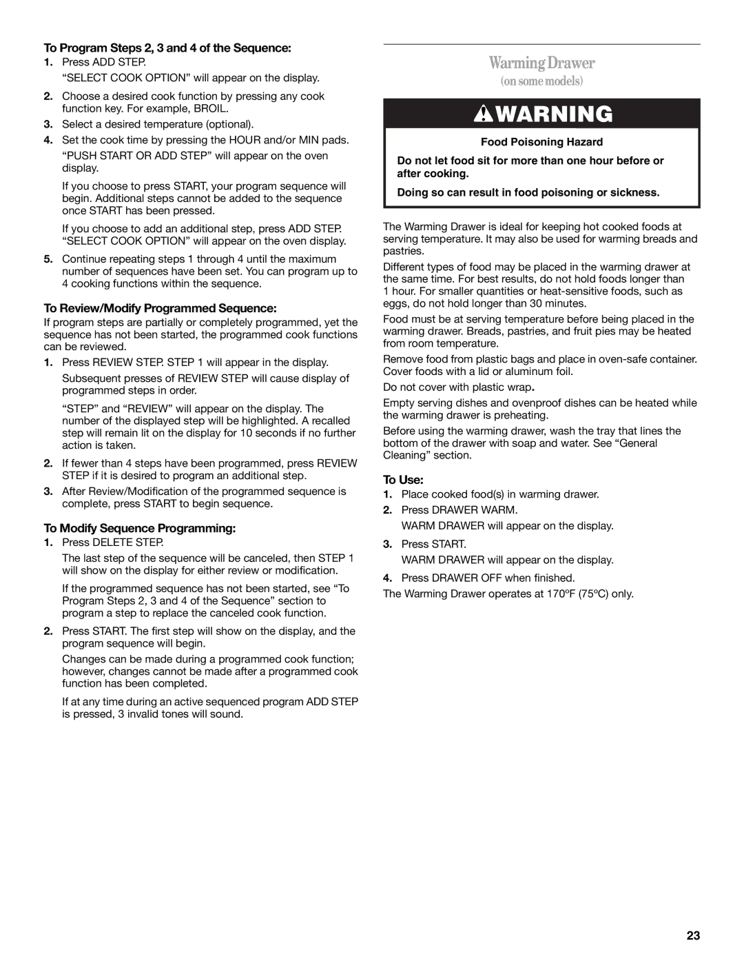 Whirlpool 9763001 manual WarmingDrawer, To Program Steps 2, 3 and 4 of the Sequence, To Review/Modify Programmed Sequence 