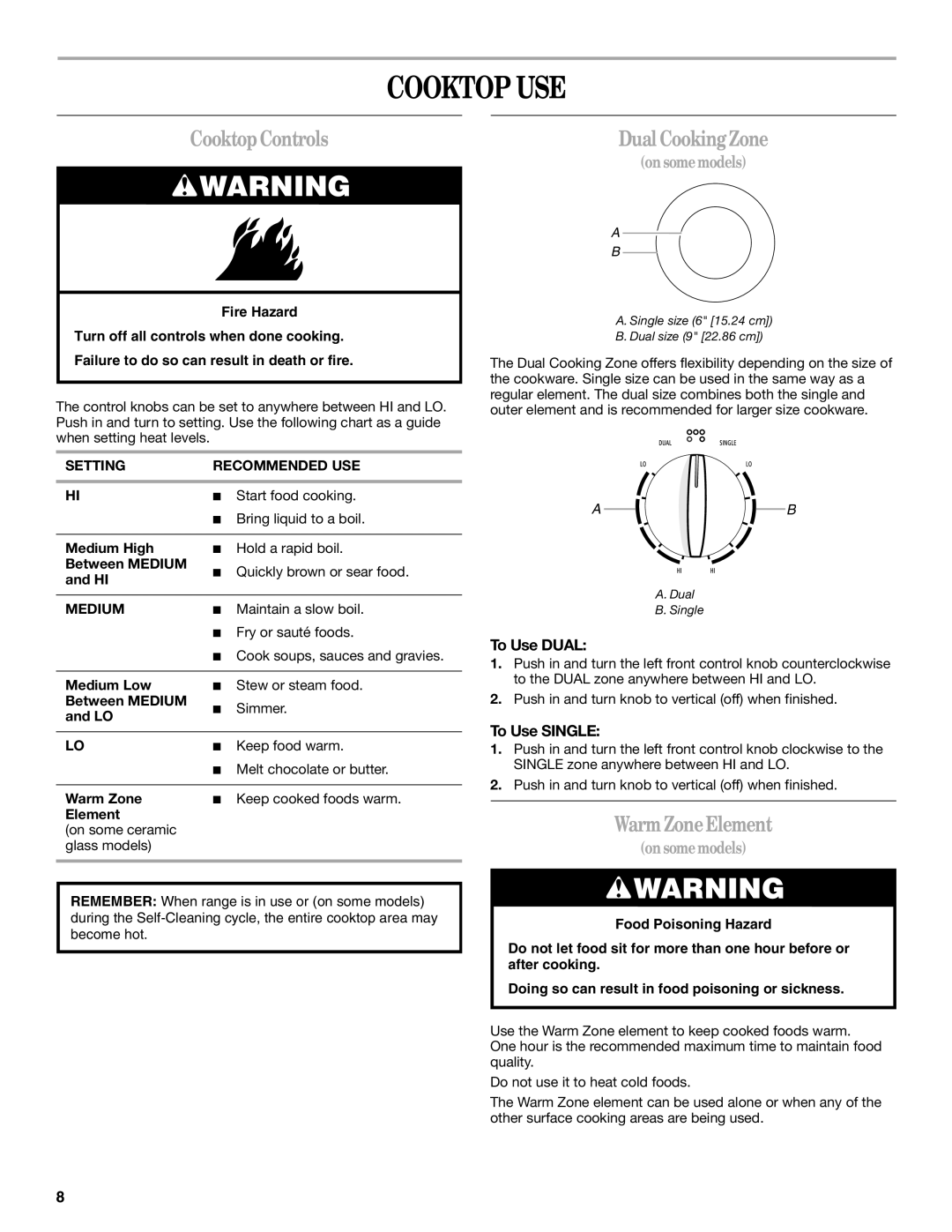 Whirlpool 9763001 manual Cooktop USE, CooktopControls, Dual CookingZone, WarmZoneElement 