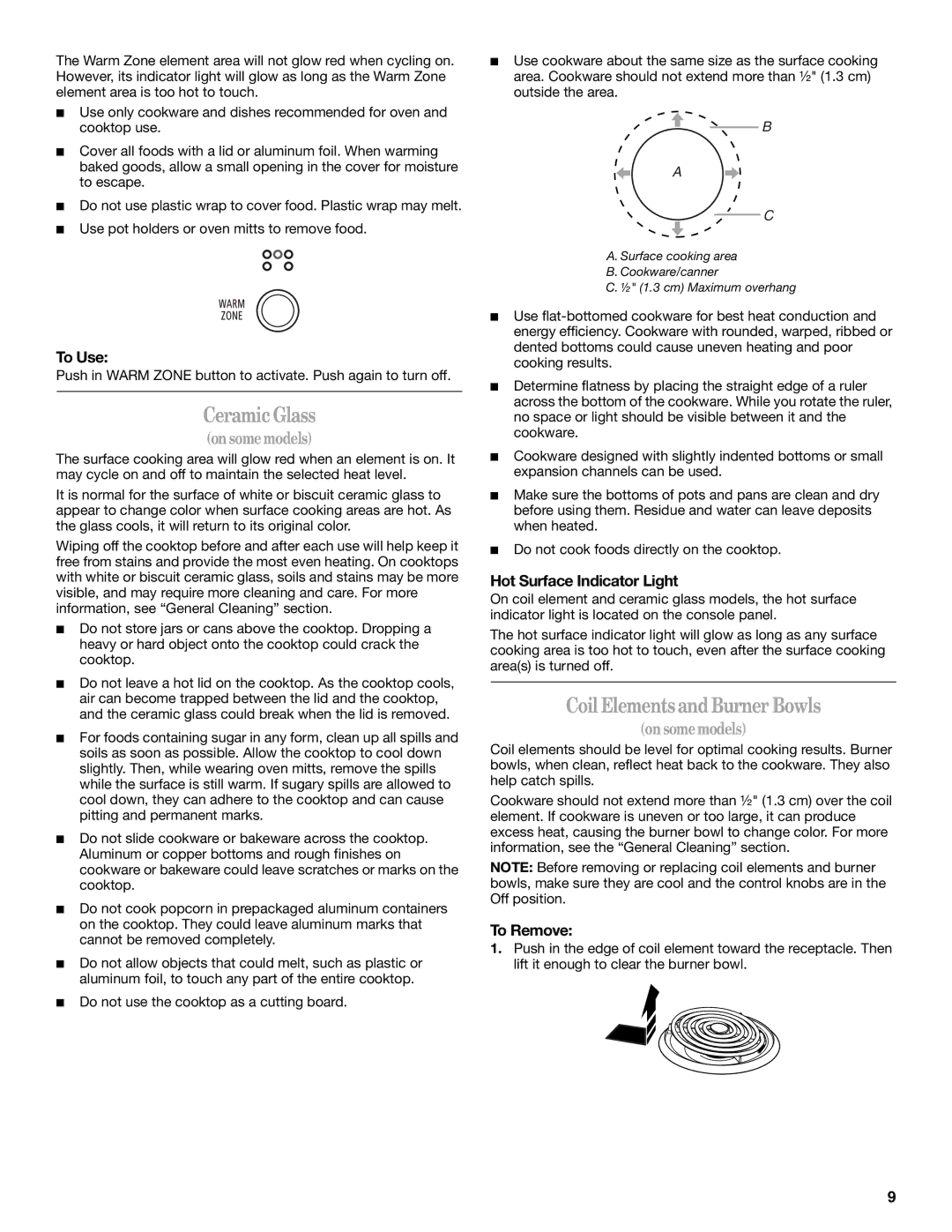 Whirlpool 9763001 manual CeramicGlass, Coil ElementsandBurner Bowls, To Use, Hot Surface Indicator Light, To Remove 