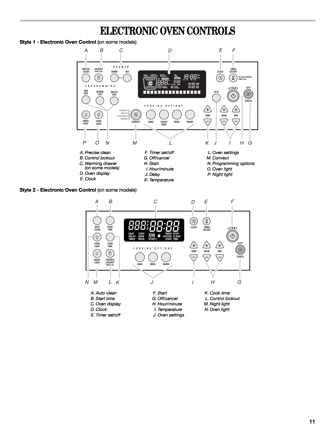 Whirlpool 9763001 manual Electronic Oven Controls, A B Cde F, A Bcd Ef, Style 1 - Electronic Oven Control on some models 