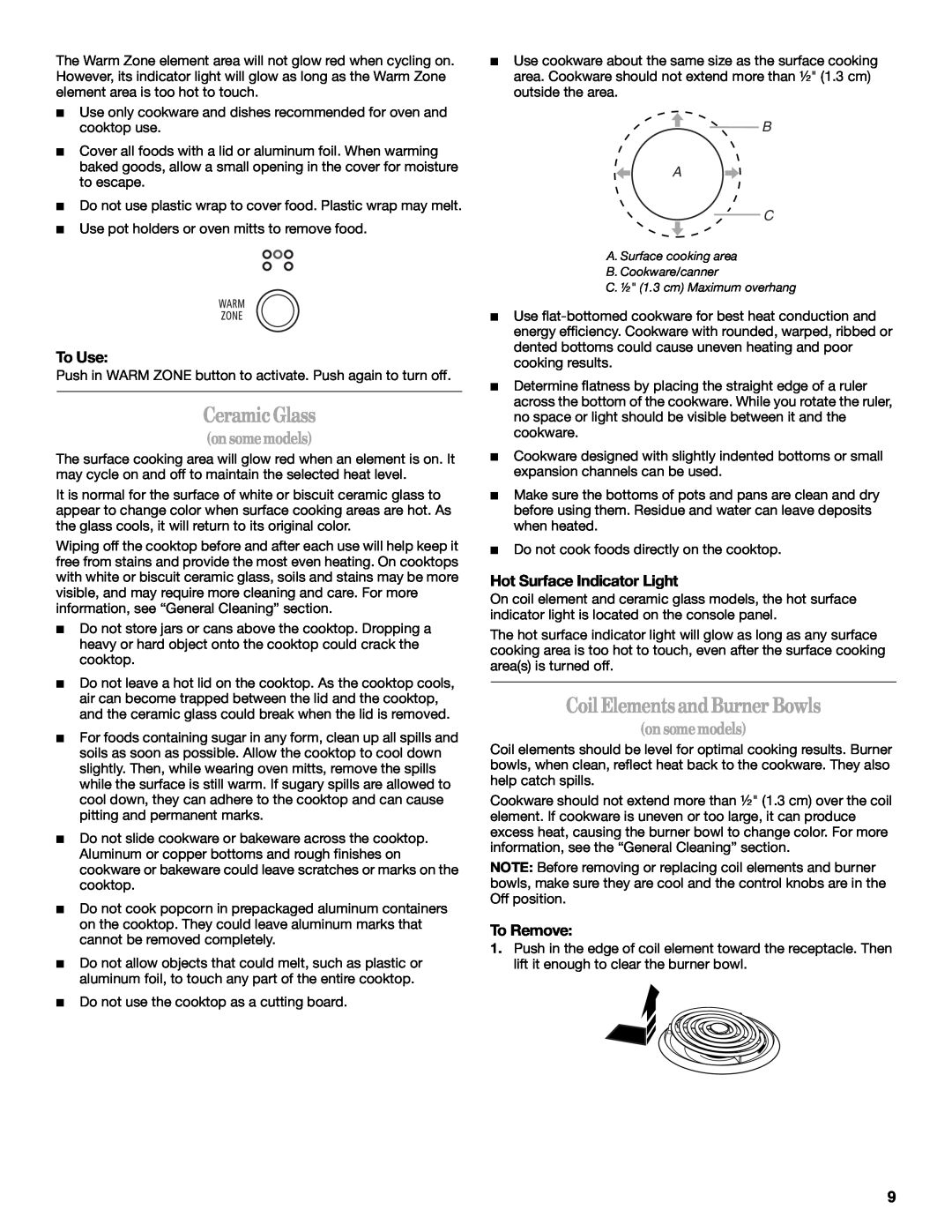 Whirlpool 9763001 manual CeramicGlass, Coil ElementsandBurner Bowls, To Use, Hot Surface Indicator Light, To Remove, B A C 
