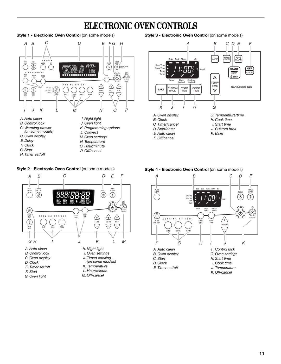 Whirlpool 9763069 manual Electronic Oven Controls, Style 2 Electronic Oven Control on some models 