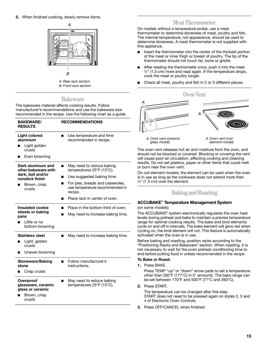 Whirlpool 9763069 manual Bakeware, Meat Thermometer, Oven Vent, Baking and Roasting, Accubake Temperature Management System 