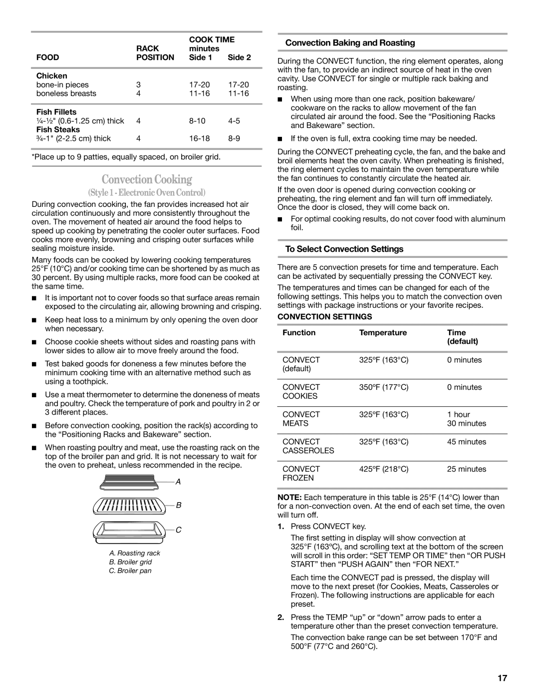 Whirlpool 9763069 manual Convection Cooking, Convection Baking and Roasting, To Select Convection Settings 