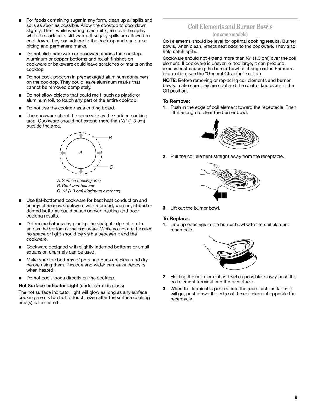 Whirlpool 9763069 Coil Elements and Burner Bowls, To Remove, To Replace, Hot Surface Indicator Light under ceramic glass 