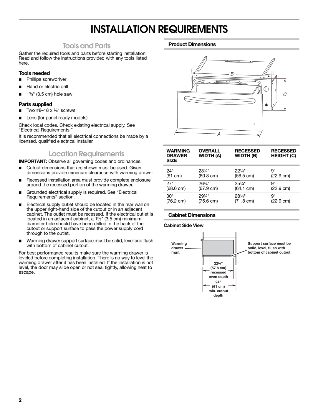 Whirlpool 9763140B installation instructions Installation Requirements, Tools and Parts, Location Requirements 